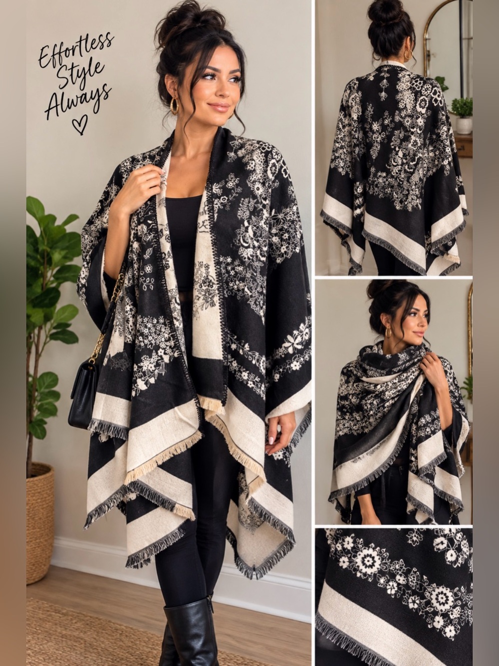 Black and Beige Floral Patterned Reversible Shawl Wrap with Fringe Trim